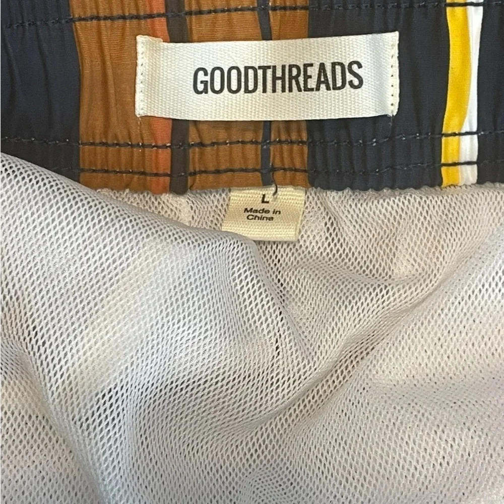 Navy and Mustard Striped Swim Trunks with Elastic Waistband